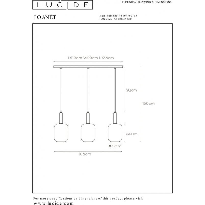 Lampa Wisząca Szkło Dymione Lucide Joanet | 110cm