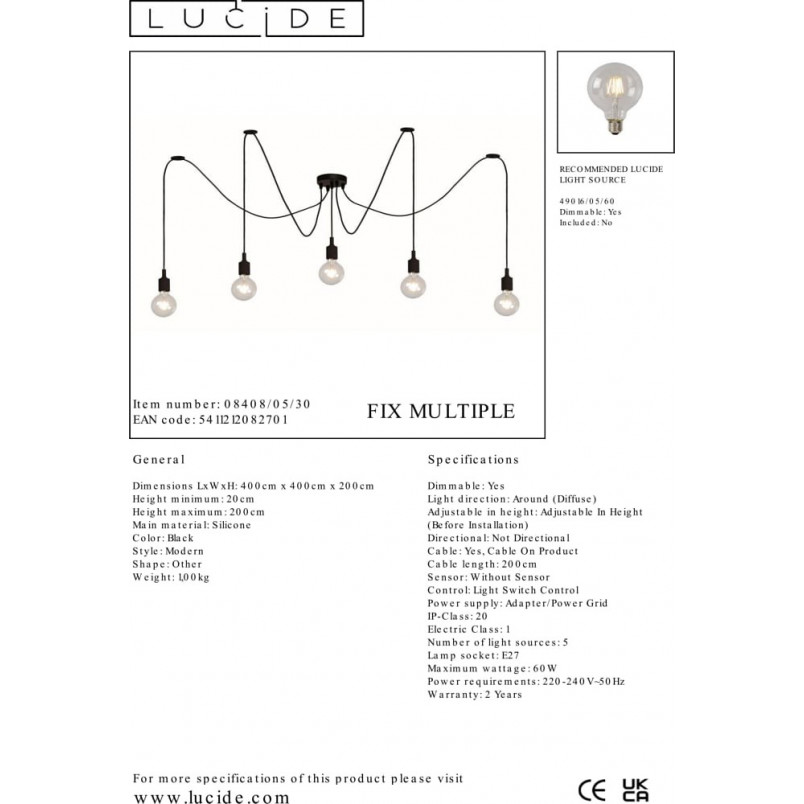 Lampa wisząca Fix Multiple V czarna | Lucide - Loftowa