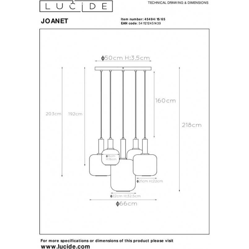 Lampa Wisząca Szklana 5-Punktowa Joanet | Lucide