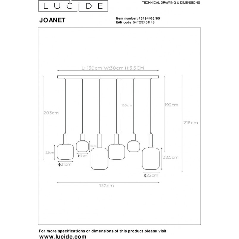 Lampa wisząca Joanet - 6 punktów, szkło dymione | Lucide