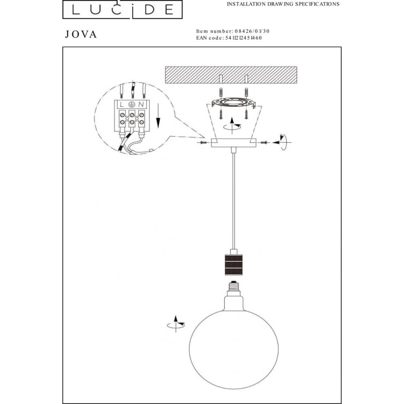 Lampa wisząca Jova - czarna, szklana, E27 | Lucide