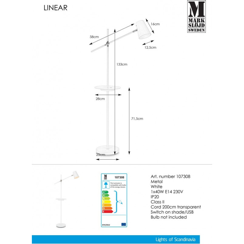 Lampa podłogowa Linear biała Markslojd - Stolik i USB
