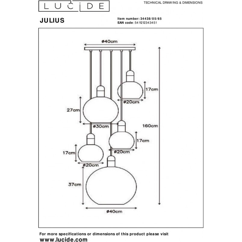 Lampa wisząca Julius V - Lucide | Szkło dymione, 5 kloszy