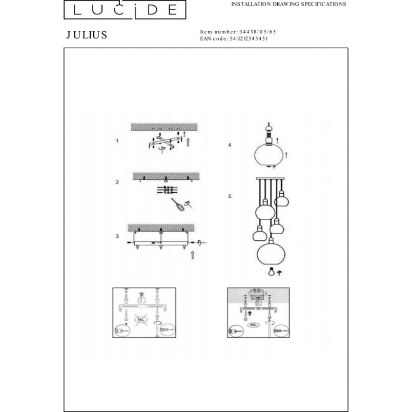 Lampa wisząca Julius V - Lucide | Szkło dymione, 5 kloszy