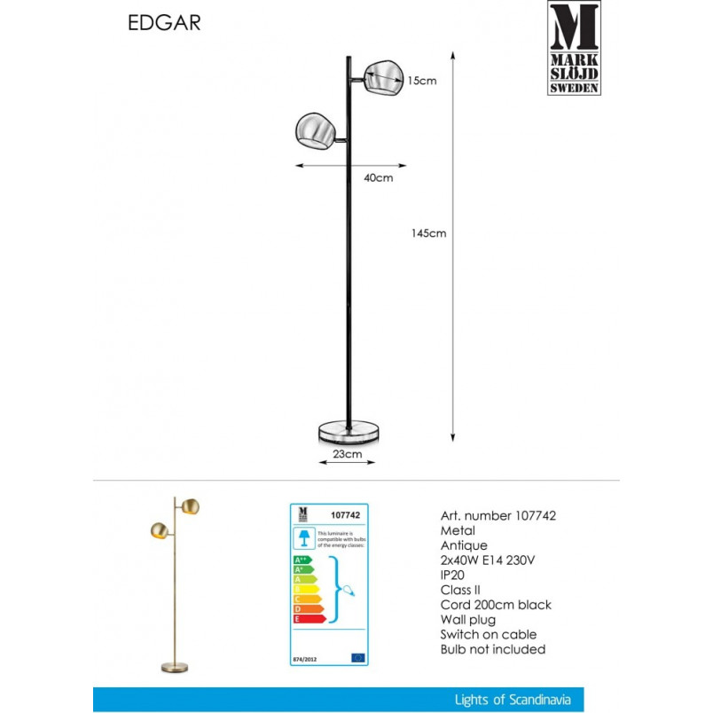 Lampa podłogowa Edgar - Mosiądz, Retro | Markslojd