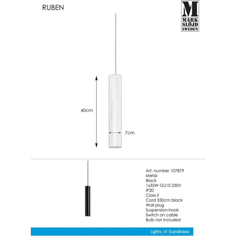 Lampa wisząca tuba Ruben czarna | Markslojd - Minimalistyczny design