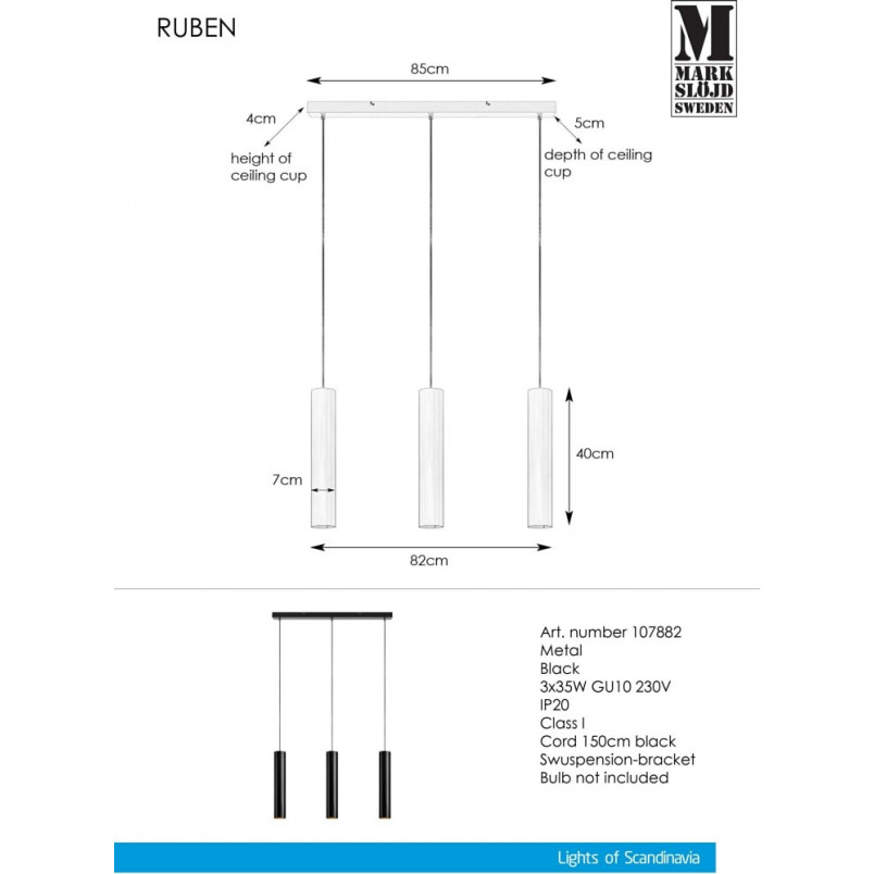 Lampa wisząca Ruben III czarna | Markslojd - Minimalistyczny design
