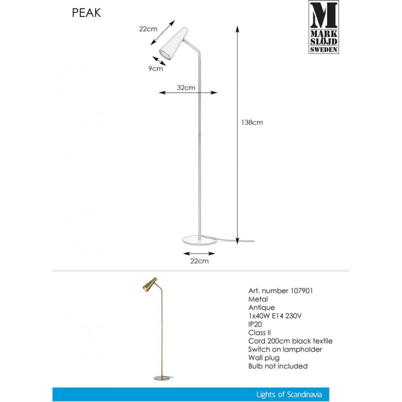 Lampa podłogowa Peak Markslojd - Mosiądz | Retro Design