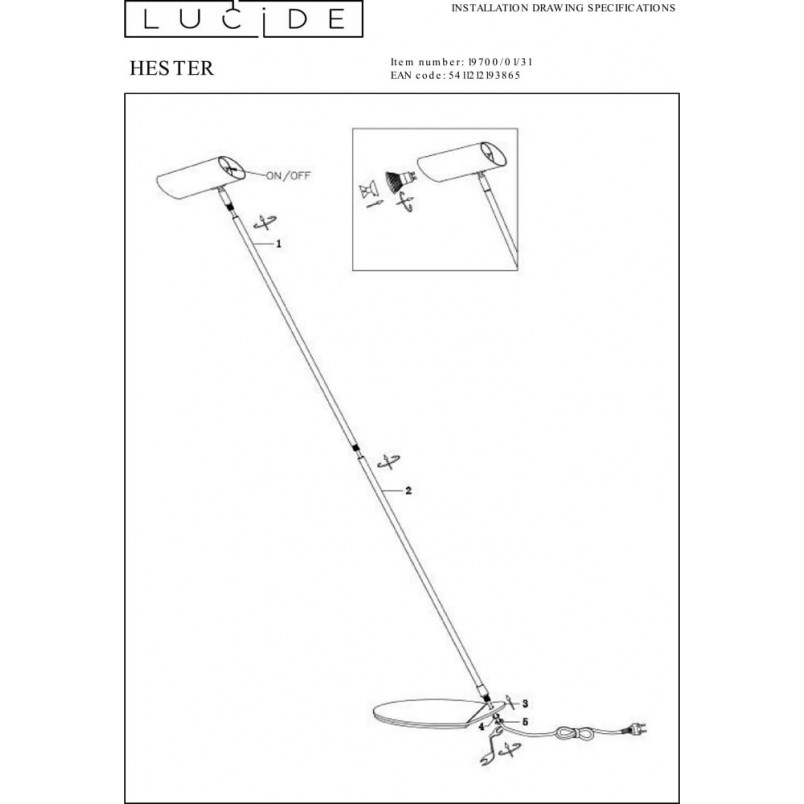 Lampa podłogowa biała Hester | Minimalistyczny design Lucide