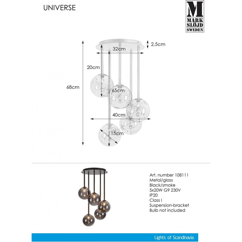 Lampa Sufitowa Universe V | Markslojd - Szkło Dymione