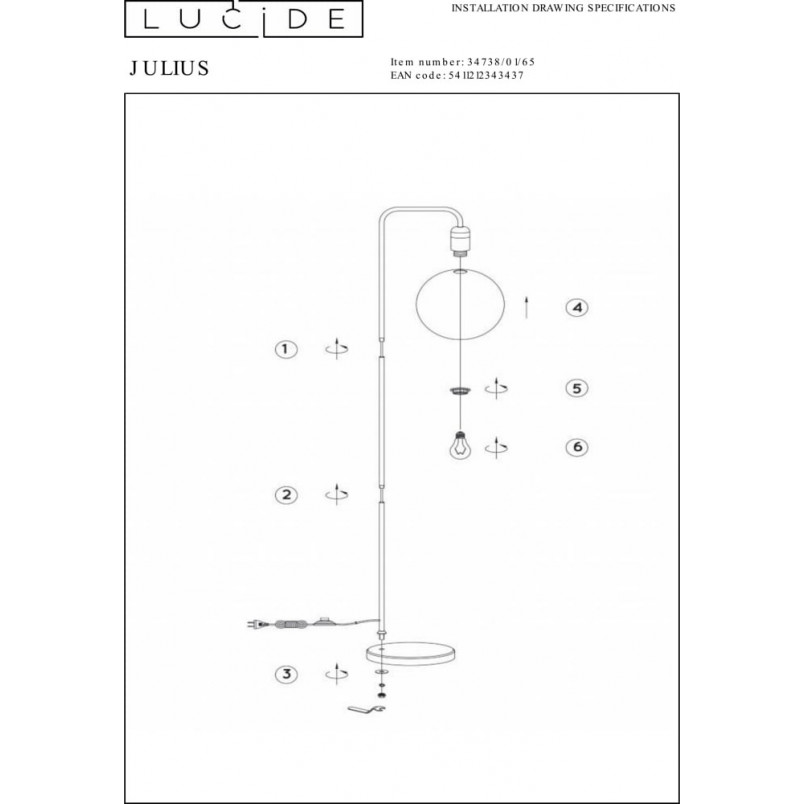 Lampa podłogowa Julius - Lucide | Szkło dymione, marmur