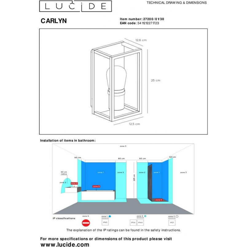 Kinkiet Ogrodowy Carlyn Czarny | Lucide - Lampa E14