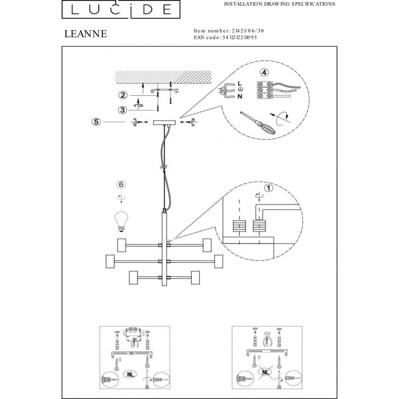 Lampa Loft Lucide Leanne VI - Czarna, 6 Żarówek | Sklep z Lampami