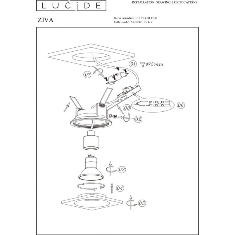 Lampa Ziva: Kwadratowa, podtynkowa, czarna | Lucide