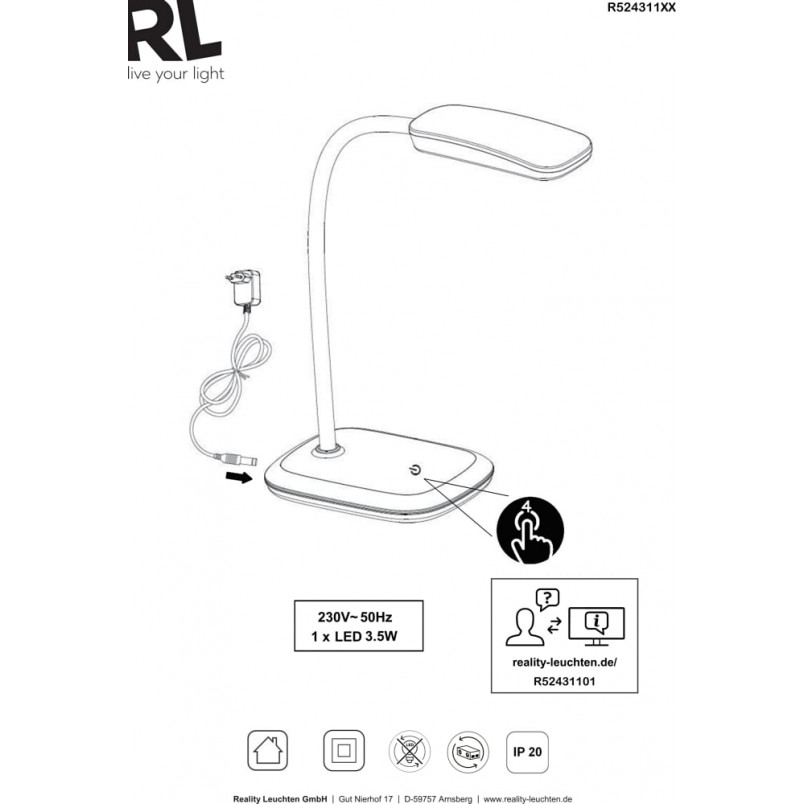 Lampa biurkowa LED Boa biała | Reality - Nowoczesne oświetlenie