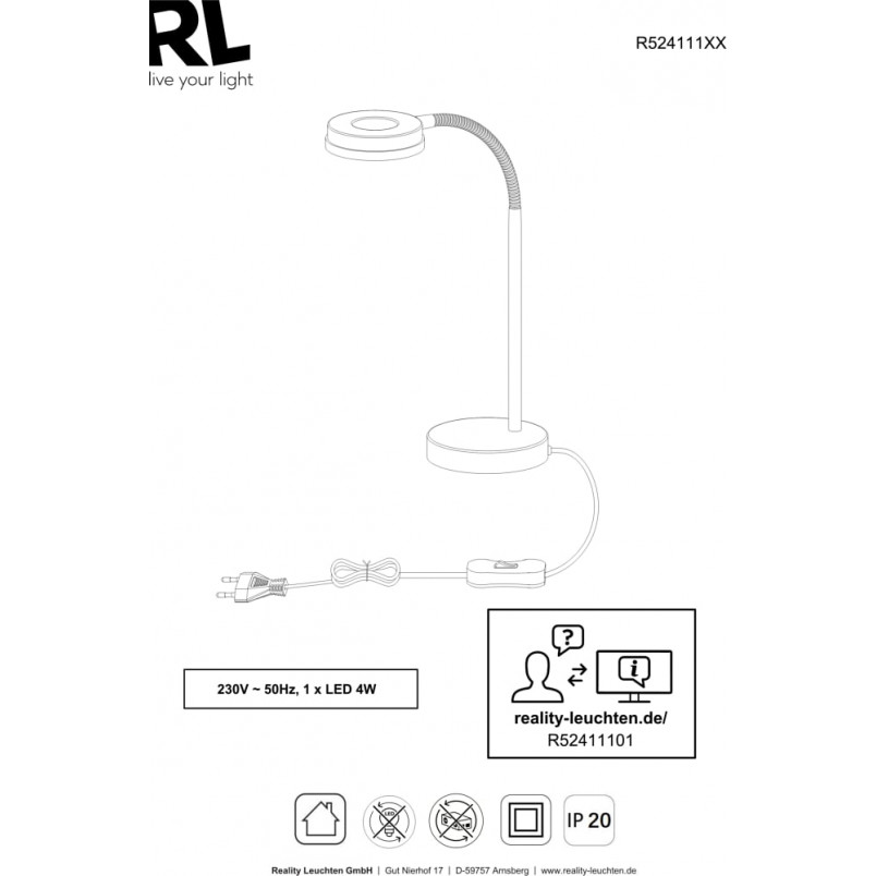 Lampa biurkowa LED Reality Rennes - Nowoczesny design | Kup online
