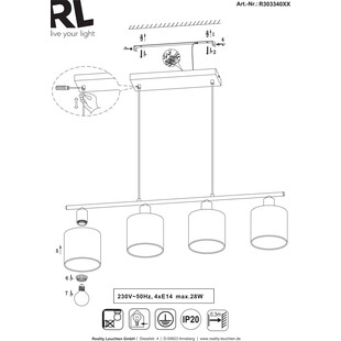 Lampa wisząca Tommy IV czarna Trio Reality | 75cm