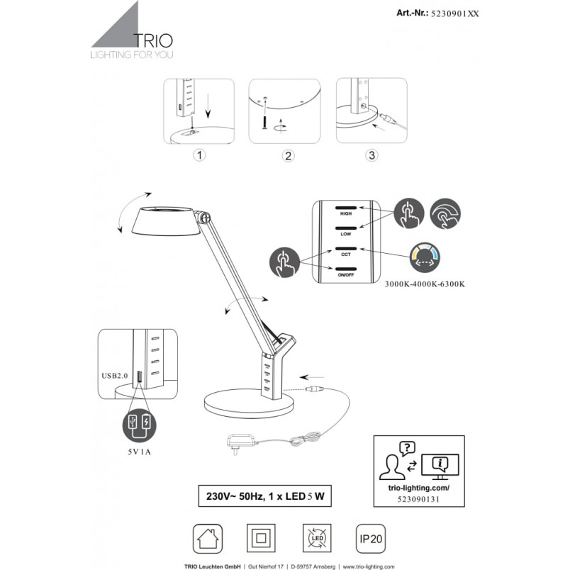 Lampa biurkowa LED Ava biała Trio - Nowoczesny design