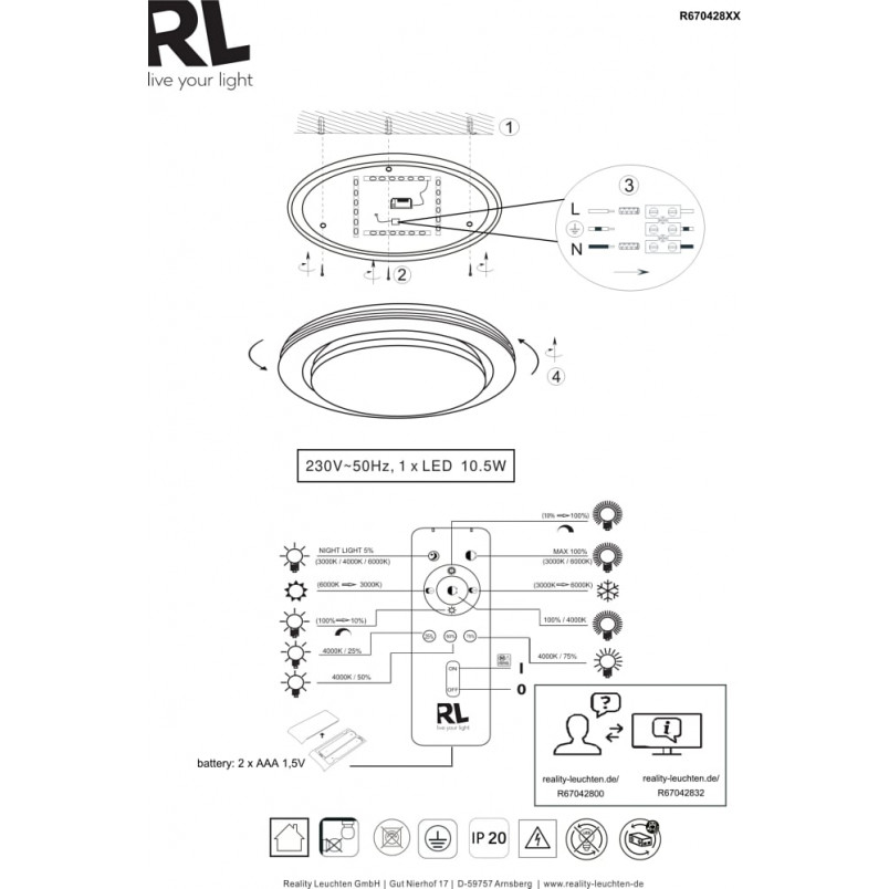 Plafon LED Atria 27cm - Pilot, Ściemniacz, Biały | Reality