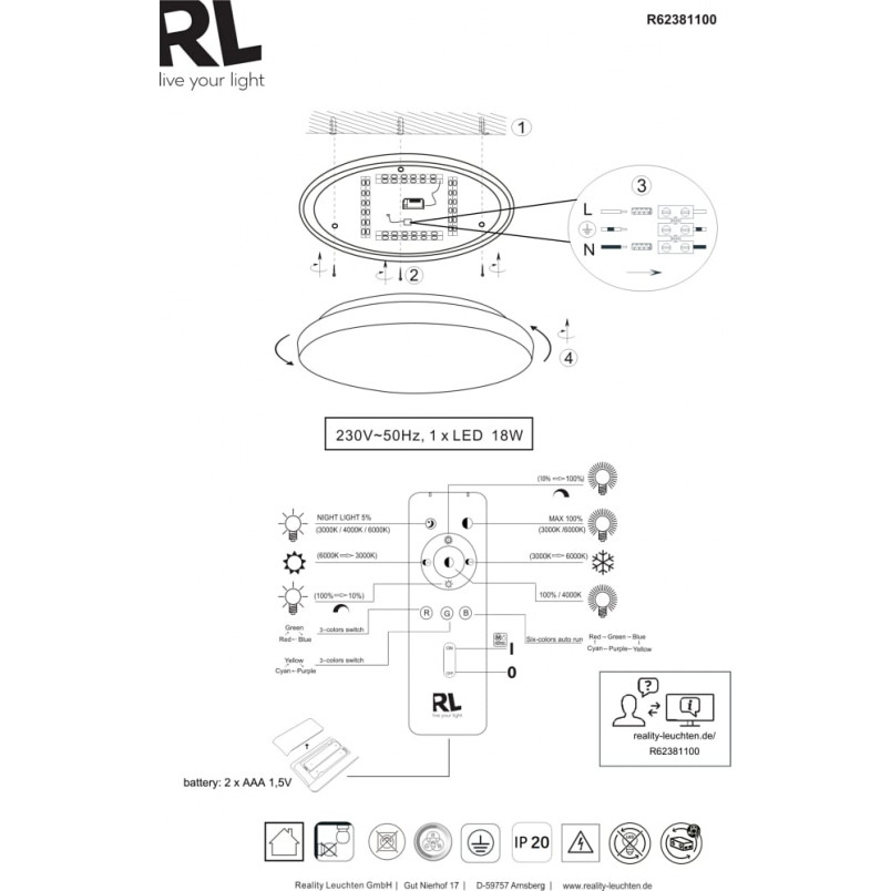 Plafon LED Kira z pilotem | Ściemniacz, RGB | Reality