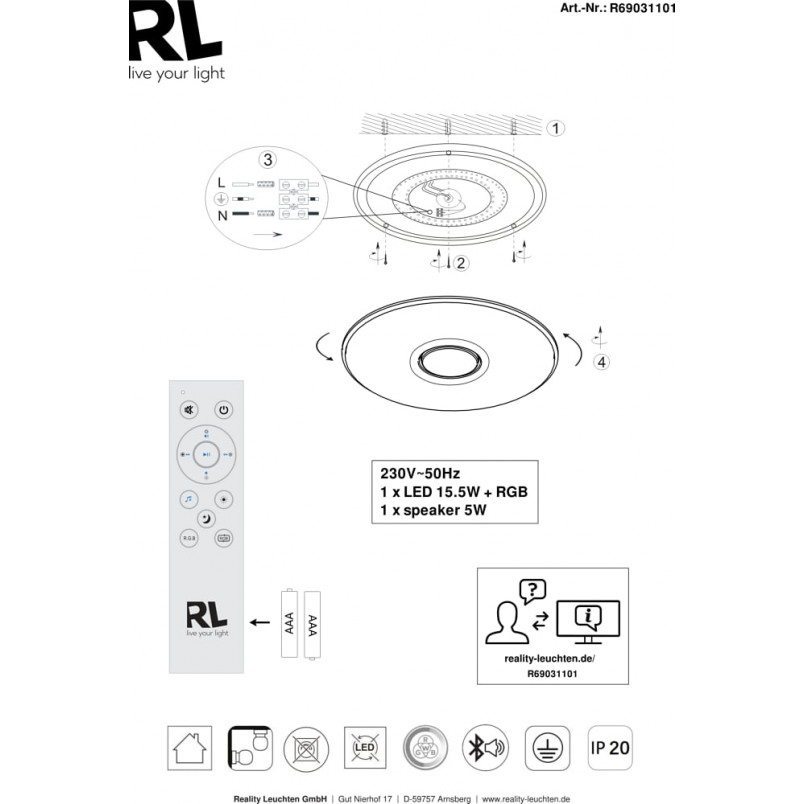 Plafon LED Reality Musica z Głośnikiem i Pilotem | 41cm