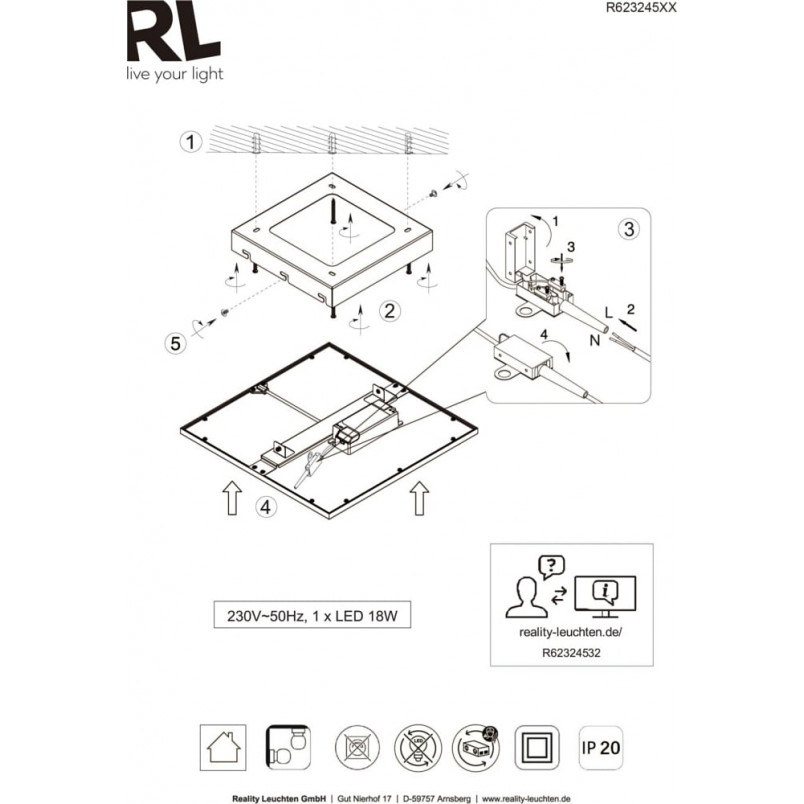 Plafon LED czarny kwadratowy 45cm Reality - Oświetlenie