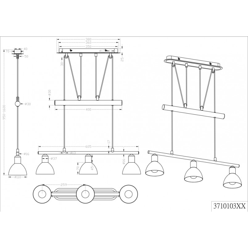Lampa wisząca Levisto III | Biała, Mosiądz | Trio