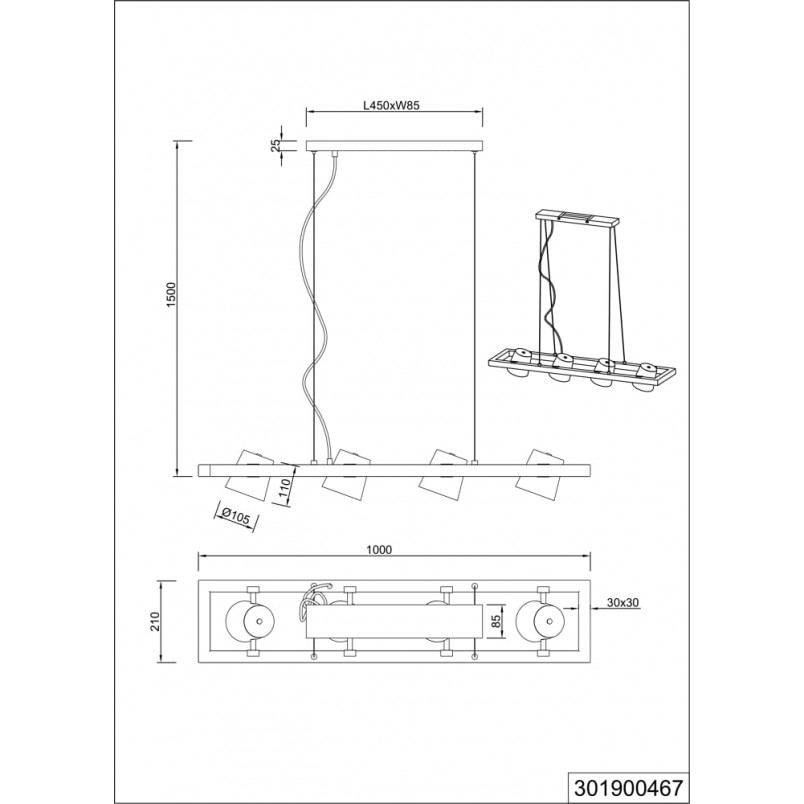 Lampa industrialna Bell IV | Trio - 100cm, Nikiel + Drewno