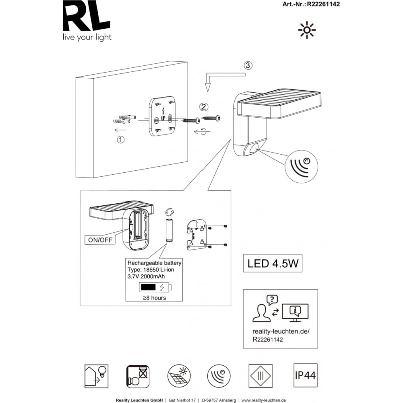 Kinkiet solarny Trio Esquel LED - Czujnik ruchu, antracyt