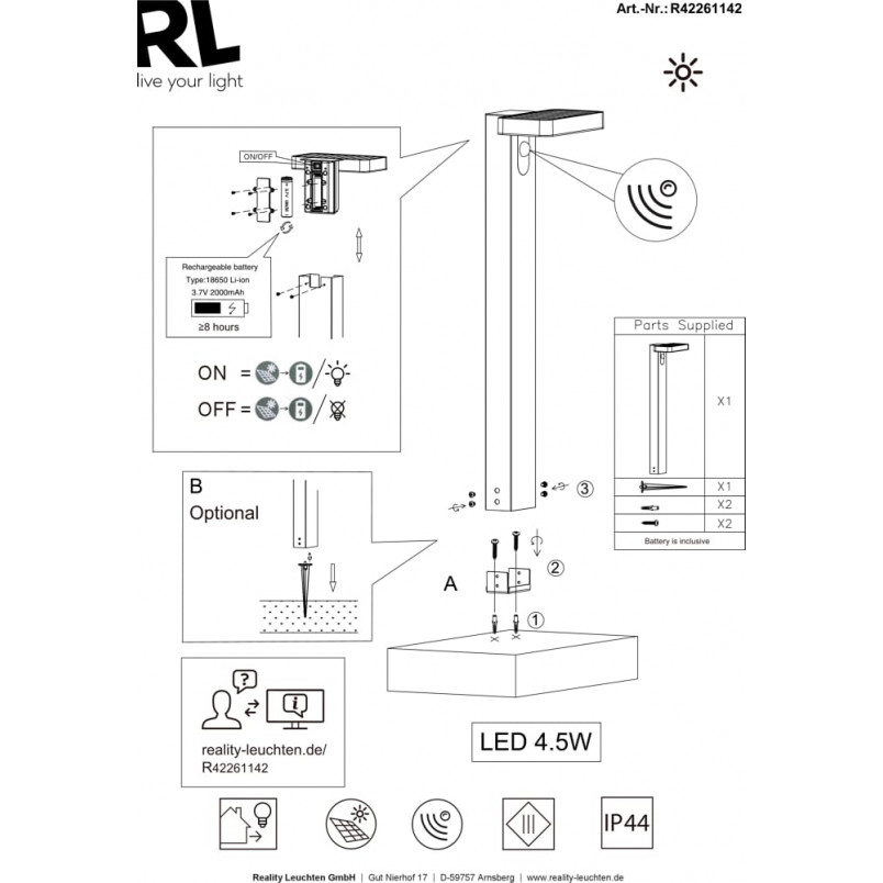 Słupek ogrodowy solarny Trio Esquel | LED, czujnik ruchu