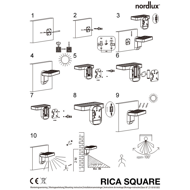 Kinkiet solarny Rica Square LED czarny | Nordlux