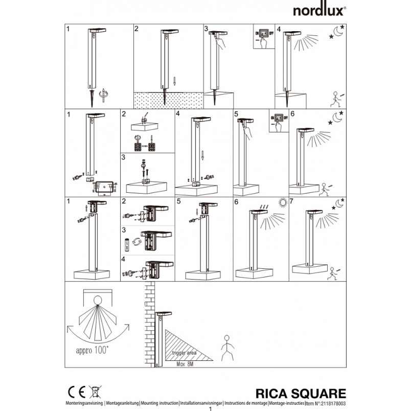 Słupek solarny Rica Square 60cm czarny | Nordlux