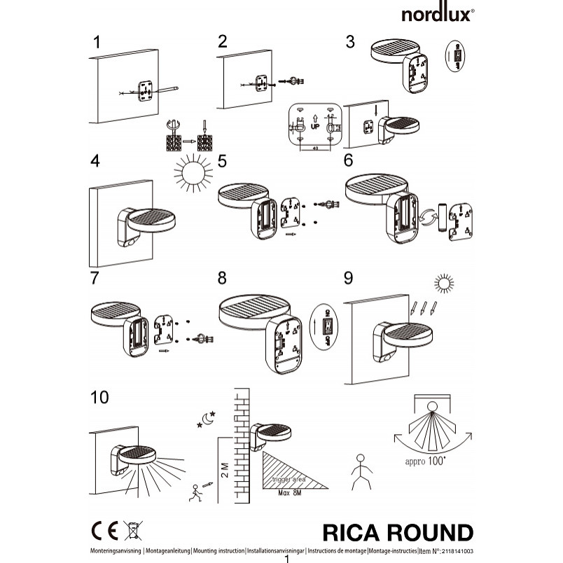 Kinkiet solarny Rica Round LED czarny | Nordlux