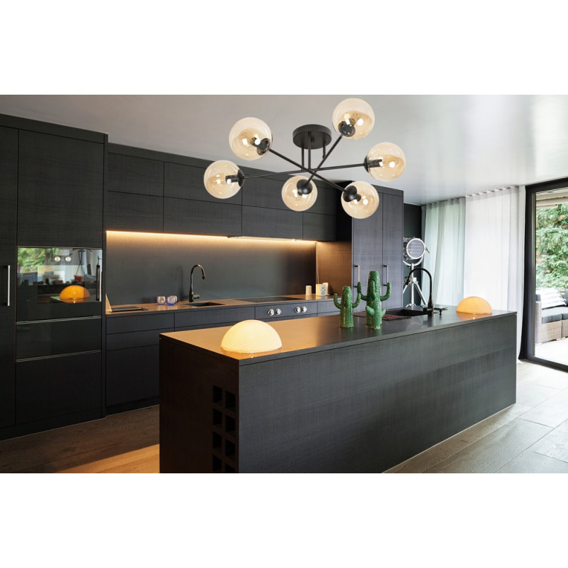 Lampa Sufitowa Brendi 6B - Szklane Kule, Miodowo-Czarna | Emibig