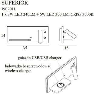Kinkiet Superior LED biały MaxLight z USB i Indukcją