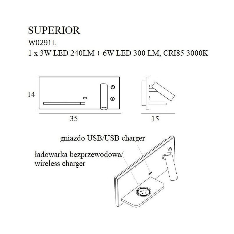 Kinkiet Superior LED biały MaxLight z USB i Indukcją