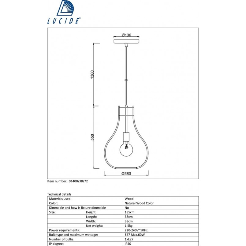 Lampa wisząca drewniana Bodo | Lucide - Skandynawski Design