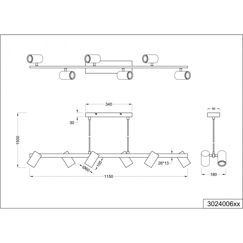 Lampa wisząca Marley VI czarna Trio | 115cm, 6 punktów GU10