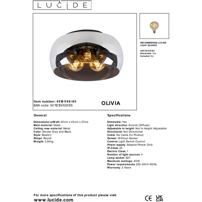 Plafon szklany Olivia 40cm dymiony Lucide | Nowoczesne lampy