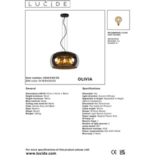 Lampa wisząca Olivia Lucide | Szkło dymione, nowoczesny design