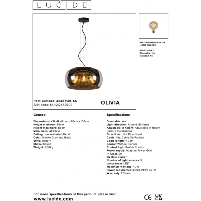 Lampa wisząca Olivia Lucide | Szkło dymione, nowoczesny design