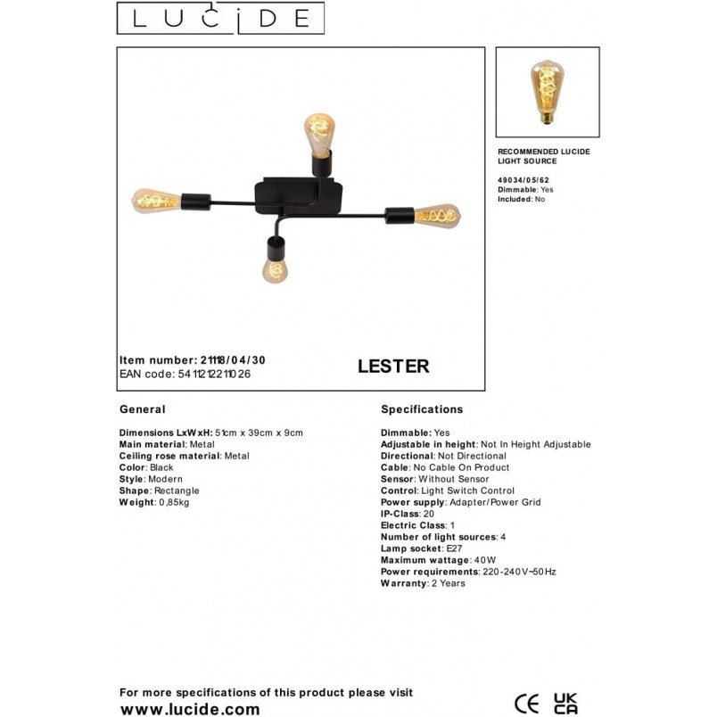 Plafon Loft Lester IV | Lucide - Nowoczesne Oświetlenie
