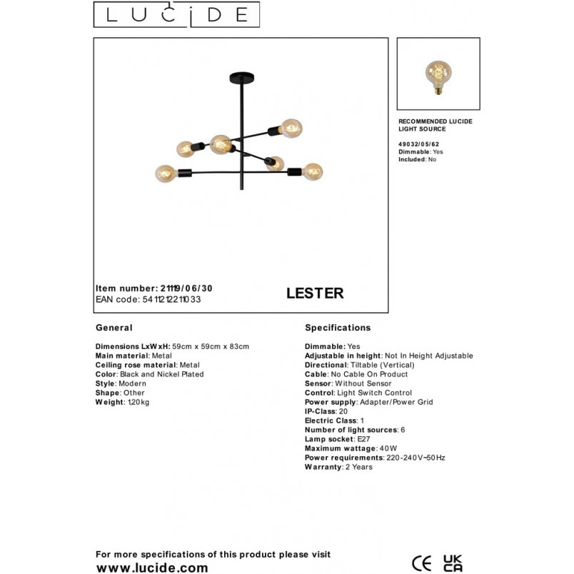 Lampa Sufitowa Loft Czarna "Patyczak" Lester VI | Lucide
