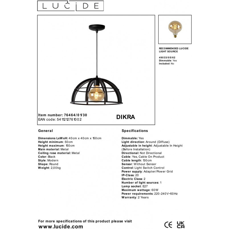 Lampa Wisząca Loft Dikra Czarna | Lucide - Nowoczesne Oświetlenie