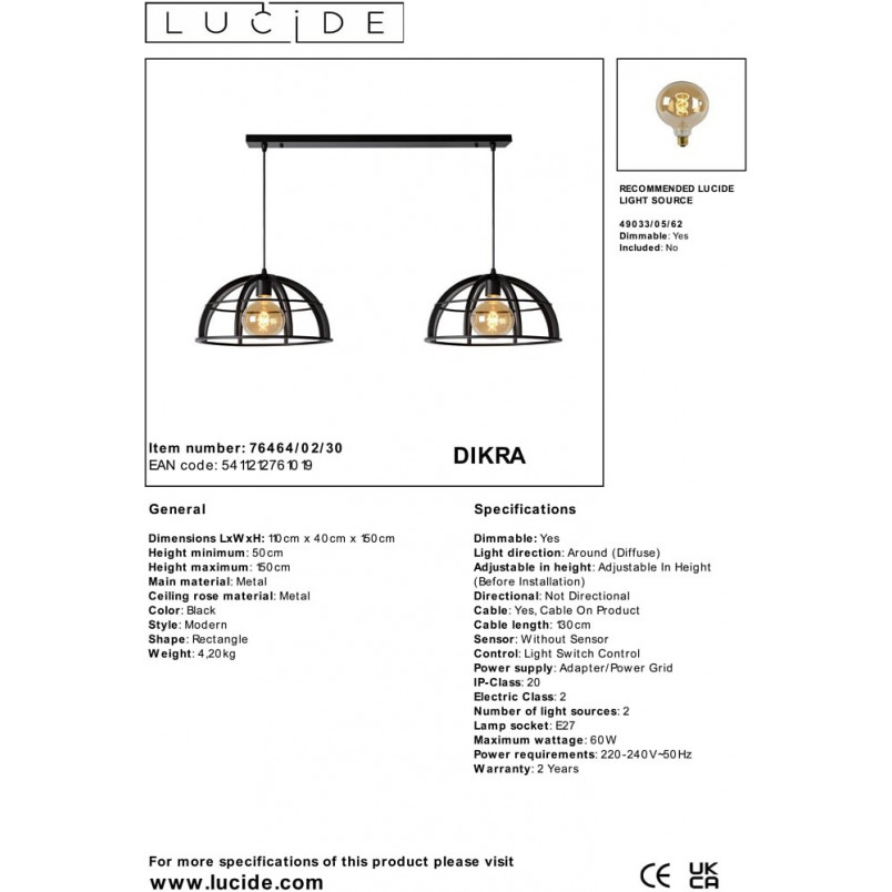 Lampa wisząca Dikra czarna - Loftowa lampa 2-punktowa Lucide