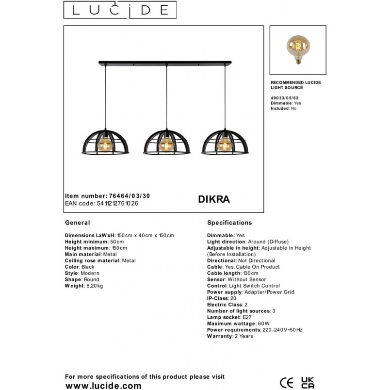Lampa Wisząca Dikra Czarna | Lucide - Loftowa Elegancja