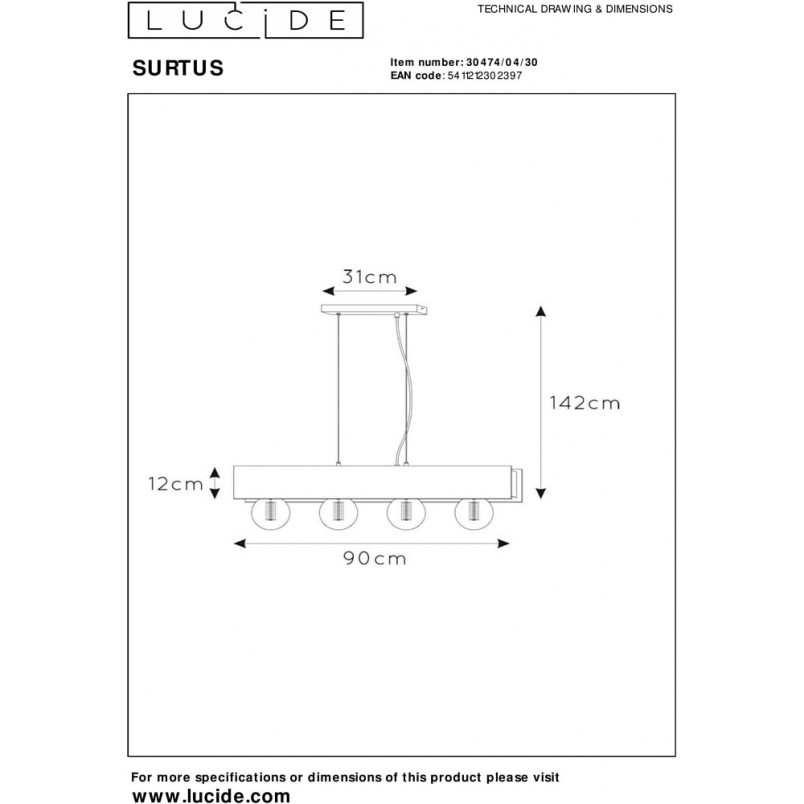 Lampa Wisząca Loft Surtus IV | Czarna, 90cm | Lucide