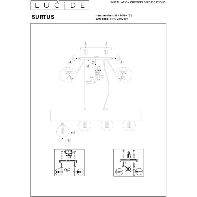 Lampa Wisząca Loft Surtus IV | Czarna, 90cm | Lucide