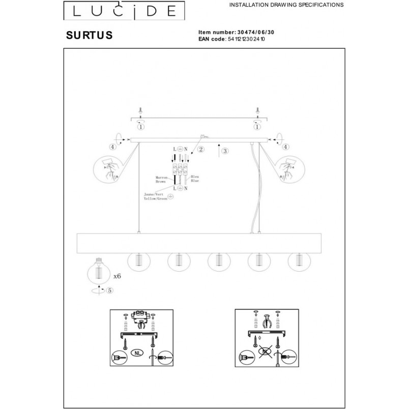 Lampa Wisząca Loft Surtus VI | Czarna, 134cm | Lucide