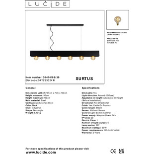 Lampa Wisząca Loft Surtus VI | Czarna, 134cm | Lucide
